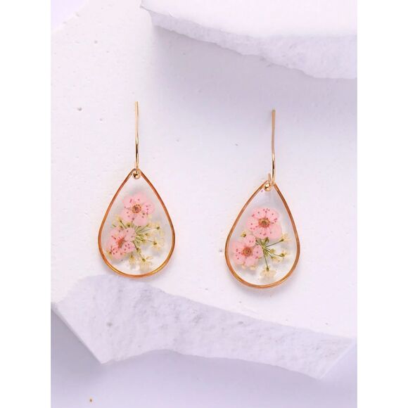 Lightwght Handpainted Pink Floral Teardrop Dangle Earrings Drop Gold Pendant New - Picture 1 of 4